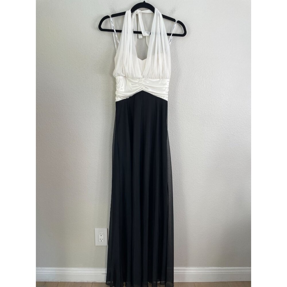 NEW Vintage Y2K XOXO Womens Medium Halter Black White Long Evening Dress Formal - Picture 6 of 12